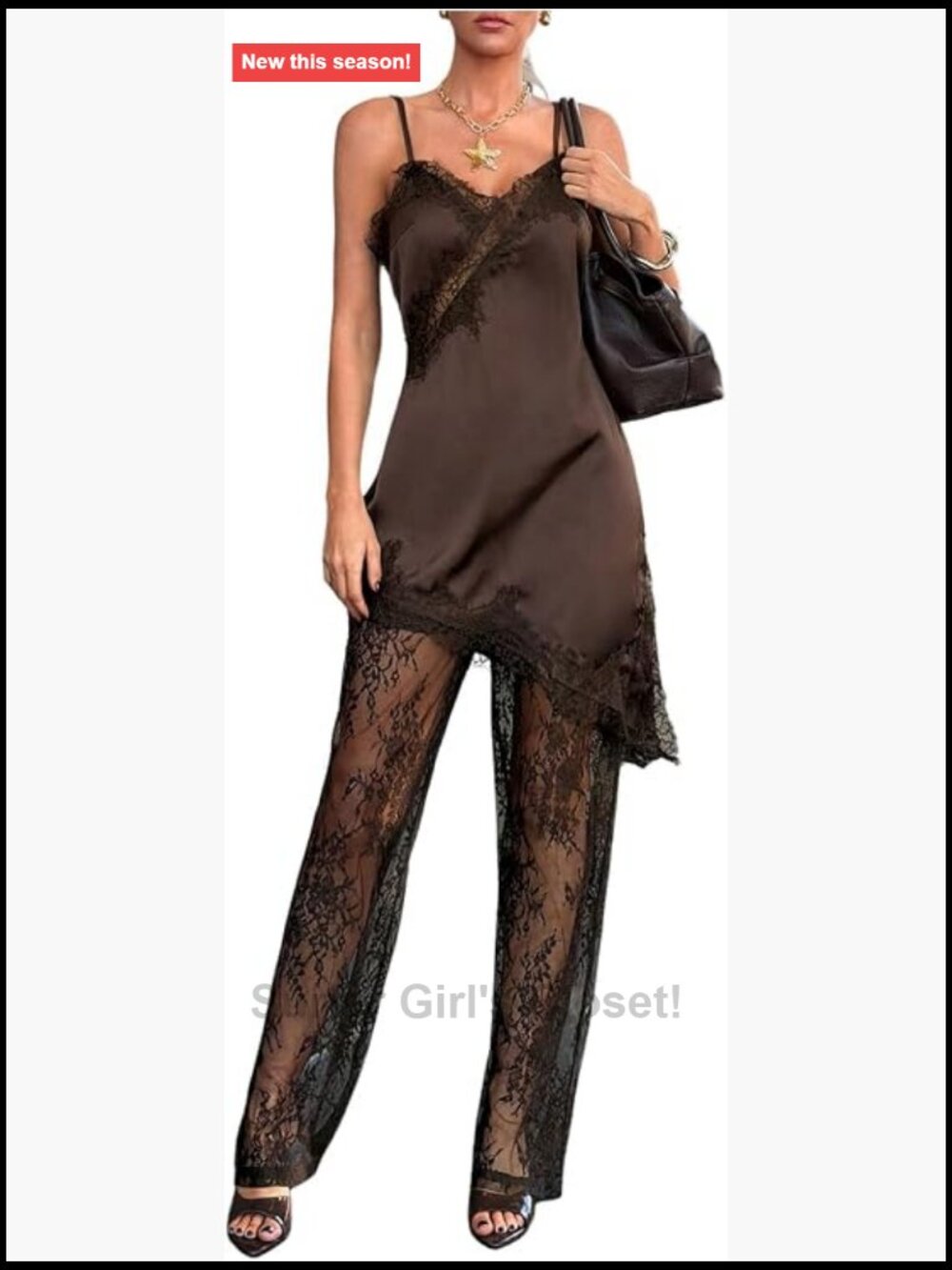 2 Piece Satin Camisole and Sheer Lace Pants Set Going Out Outfit